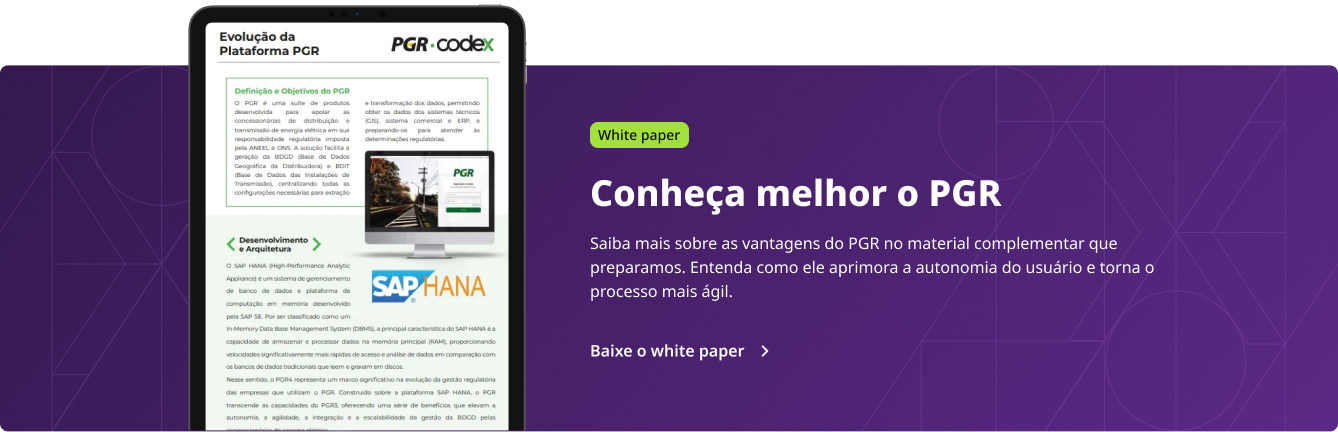 Banner divulgando um um white paper que falar mais sobre o produto PGR. Com o texto: "Conheça melhor o PGR. Saiba mais sobre as vantagens do PGR no material complementar que preparamos. Entenda como ele aprimora a autonomia do usuário e torna o processo mais ágil."